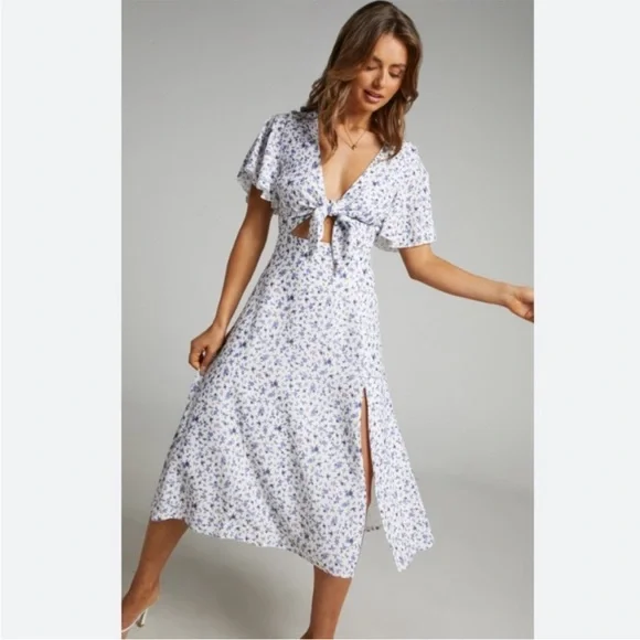 Wild And Free Mind Midi Dress - Front Tie Cut Out Dress in White Floral - Showpo A Line Dresses